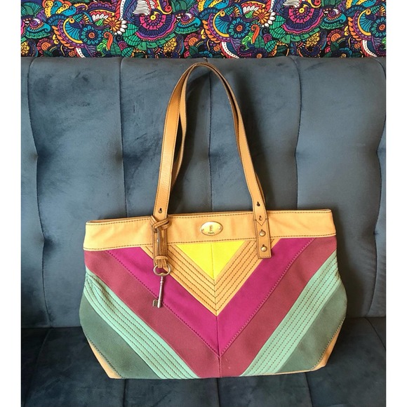 Fossil Handbags - Fossil Canvas & Leather Tote Purse Striped Shoulder Bag Yellow Green Blue Retro